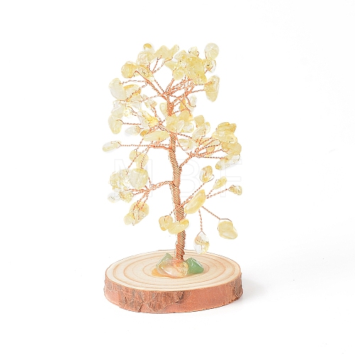 Natural Yellow Quartz Chips with Brass Wrapped Wire Money Tree on Wood Base Display Decorations DJEW-B007-05F-1