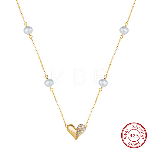 925 Stainless Steel Heart Pendant Necklaces with Cubic Zirconi and Natural Pearl NJEW-Z030-05G-1