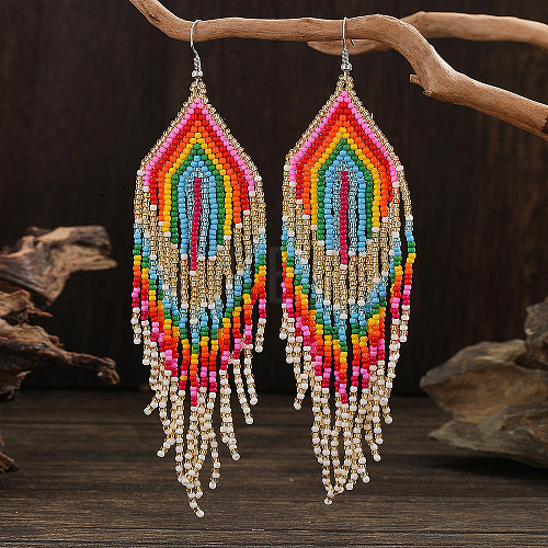 Bohemian Style Multicolor Rainbow Glass Bead Tassel Earrings for Women UP2163-1