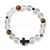 8MM Round Natural Quartz Crystal & Tiger Eye & Dyed Synthetic Turquoise Black Cross Beaded Stretch Bracelets for Women Men BJEW-TA00741-3