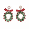 Glass Pearl Braided Christmas Wreath Dangle Stud Earrings EJEW-TA00082-2