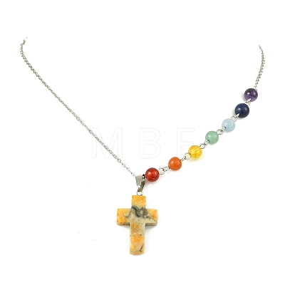Chakra Natural Crazy Agate Religion Cross Pendant 304 Stainless Steel Cable Chain Necklaces for Women NJEW-JN06268-02-1