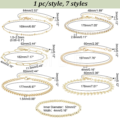  7Pcs 7 Style Brass Flat Snake & Satellite & Leaf Link Chain Anklets Set AJEW-PH0011-03-1