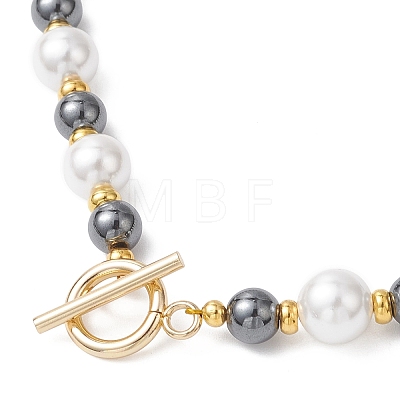 8MM White Shell Pearl with 6MM Synthetic Non-Magnetic Hematite Round Beaded OT Necklaces NJEW-JN05698-1