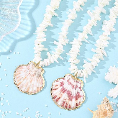 Summer Beach Electroplate Natural Sea Shell Pendant Shell Chip Beaded Necklaces for Women NJEW-JN06372-1