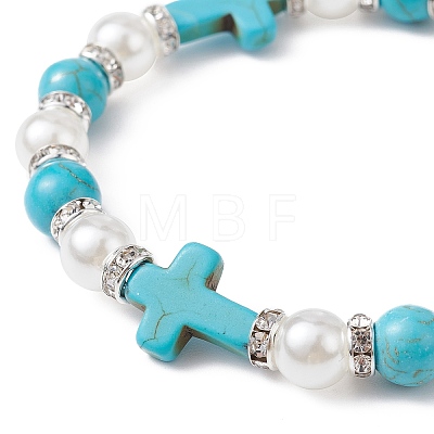 Synthetic Turquoise Cross & ABS Plastic Pearl Beaded Stretch Bracelet BJEW-JB09766-1