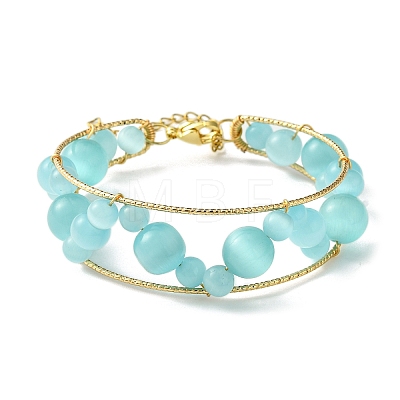 Sky Blue Round Cat Eye Beaded Brass Bangles for Women BJEW-JB10741-1