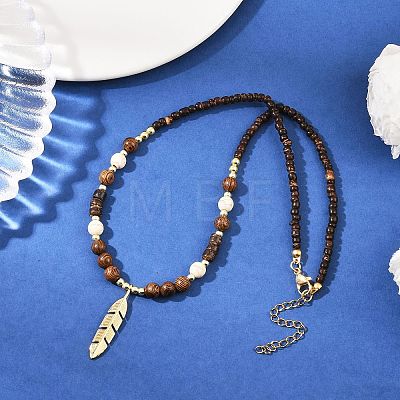 Dyed Synthetic Turquoise & Coconut & Wood Round Beaded Brass Feather Pendant Necklaces for Women NJEW-JN05460-01-1