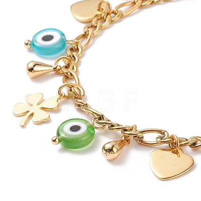 Lampwork Evil Eye & Brass Clover Heart Charms Bracelet with Stainless Steel Chains for Women BJEW-TA00141-1