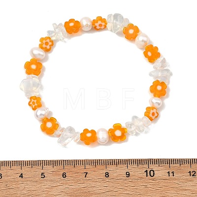 Handmade Millefiori Glass & Opalite & Natural Cultured Freshwater Pearl Beaded Stretch Bracelets for Women BJEW-JB13945-1