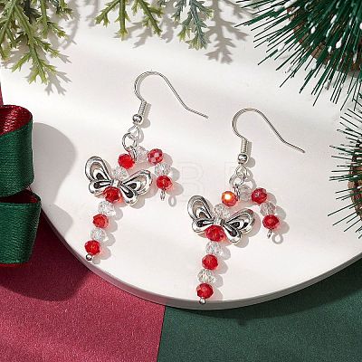 Christmas Bowknot Candy Cane Electroplated Glass Bead & Alloy Dangle Earrings EJEW-TA00502-1