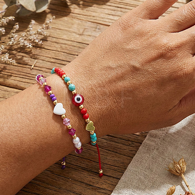 2Pcs 2 Styles Round Glass & Lampwork & Imitation Pearl & Synthetic Turquoise & Natural Shell & Seed Beads Braided Bead Bracelets VE0130-3-1