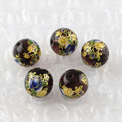 Rose Flower Pattern Printed Round Glass Beads GFB-R004-10mm-M14-1
