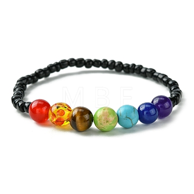 Natural & Synthetic Mixed Gemstone & Glass Seed Beaded Stretch Bracelet for Women BJEW-JB09658-1