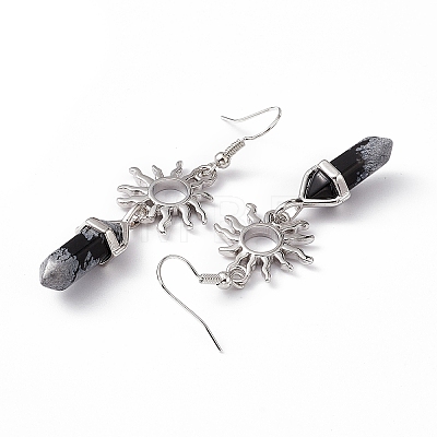 Natural Snowflake Obsidian Bullet with Sun Dangle Earrings EJEW-I276-01P-03-1