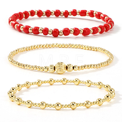 3Pcs Glass & Brass Round Beads Stretch Bracelets HD9470-9-1