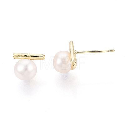Brass & Natural Pearl Stud Earrings PEAR-N020-WX09-1