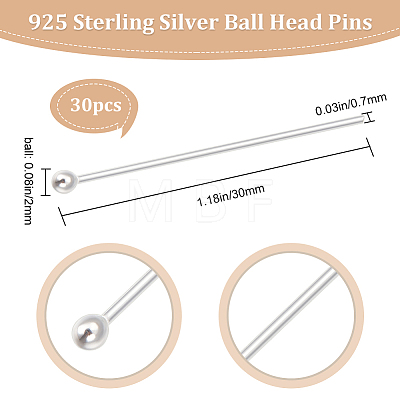 30Pcs 925 Sterling Silver Ball Head Pins STER-BBC0002-15-1