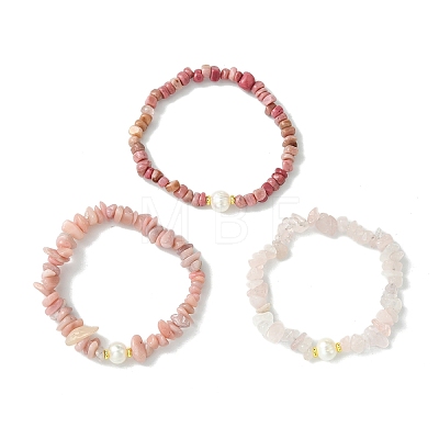 3Pcs 3 Styles Natural & Synthetic Mixed Gemstone Chip & Natural Cultured Freshwater Pearl Beaded Stretch Bracelets Set for Women BJEW-JB13762-1