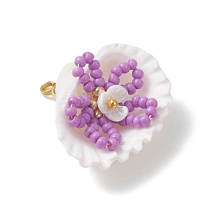 7Pcs Glass Seed Beaded Shell with Flower Pendants PALLOY-MZ01140-1