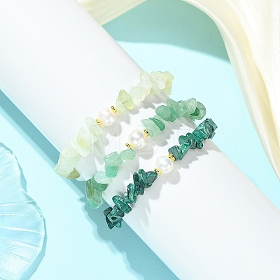 3Pcs 3 Styles Natural Mixed Gemstone Chip & Cultured Freshwater Pearl Beaded Stretch Bracelets Set for Women BJEW-JB13762-02-1
