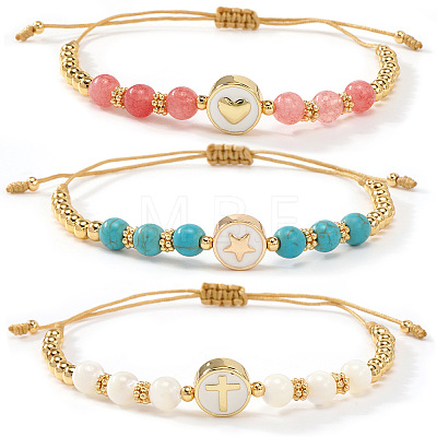 3Pcs Minimalist Adjustable Synthetic Turquoise & Watermelon Stone Glass & Natural Shell Beads Braided Bead Bracelets SR5600-4-1
