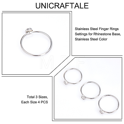 CHGCRAFT 12Pcs 3 Size 304 Stainless Steel Finger Rings Settings for Rhinestone Base STAS-CA0002-16-1