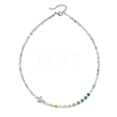 Natural Green Aventurine Faceted Round and Dyed Malaysia Jade & Pearl Beaded Necklaces with Brass Micro Pave Clear Cubic Zirconia Cross NJEW-JN05975-01-1