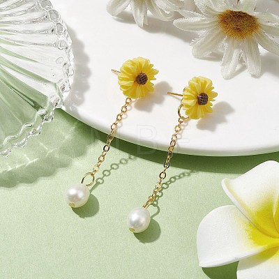 Natural Pearl & Resin Sunflower Dangle Stud Earrings EJEW-JE05692-02-1