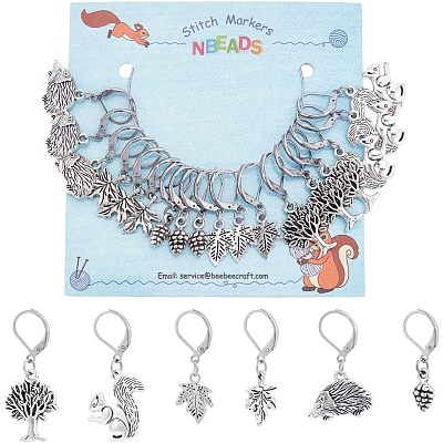 18Pcs 6 Style Hedgehog & Squirrel & Leaf & Pine Cone Tibetan Style Charms Locking Stitch Marker HJEW-PH01552-1