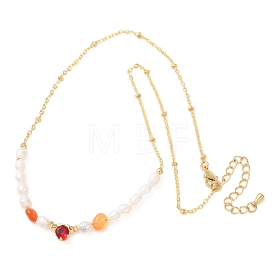 Natural Carnelian Chip and Rice Natural Pearl Beaded Necklaces GG-CBA3297-15G-E-1