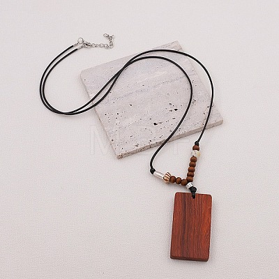 Wood Rectangle Pendant Black Waxed Cord Necklaces for Women WG2AEC3-01-1