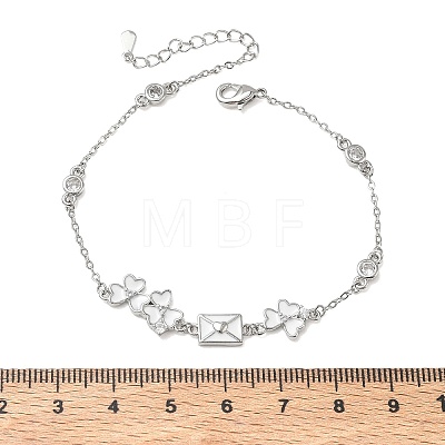 Brass Pave Clear Cubic Zirconia Clover Envelope Link Bracelets KK-CBA6980-18P-1