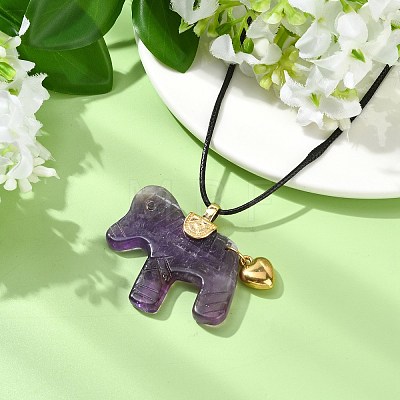 Natural Amethyst Horse Pendant Adjustable Black Korean Waxed Polyester Cord Neckalces NJEW-JN06355-02-1