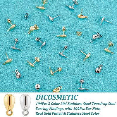 100Pcs 2 Color 304 Stainless Steel Teardrop Stud Earring Findings STAS-DC0009-67-1