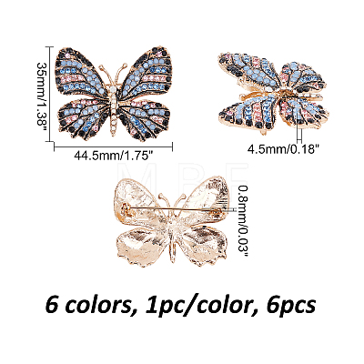6Pcs 6 Colors Rhinestone Butterfly Badge JEWB-CA0001-16-1