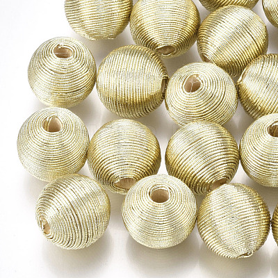 Wood Beads Covered with Polyester Cord Wire WOVE-S117-14mm-04-1
