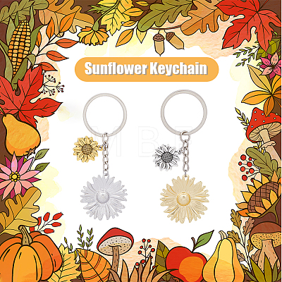 16Pcs 2 Colors Sunflower Alloy Pendant Keychain KEYC-FH0001-34-1