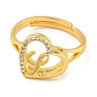 Heart with Letter Rack Plating Brass Micro Pave Cubic Zirconia Adjustable Rings for Women RJEW-I105-06G-L-1