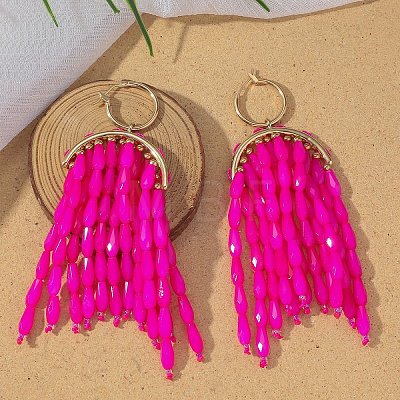 Alloy Glass Beads Arch Tassel Hoop Earrings FS-WG51683-02-1