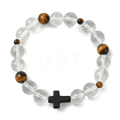 8MM Round Natural Quartz Crystal & Tiger Eye & Dyed Synthetic Turquoise Black Cross Beaded Stretch Bracelets for Women Men BJEW-TA00741-1