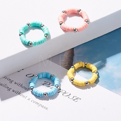4Pcs 4 Color Handmade Polymer Clay Heishi Beads Finger Ring for Women RJEW-JR00425-1