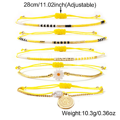 5Pcs 5 Styles Bohemian Glass Seed Bead Braided Beads Bracelets & 304 Stainless Steel Charm Double Layers Bracelets for Women WO6368-1-1
