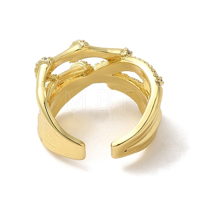 Brass Cubic Zirconia Bamboo Open Cuff Ring RJEW-Z019-01G-1