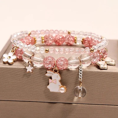 2Pcs 2 Styles Plastic & Glass Beaded Stretch Bracelets FS-WGE3E77-04-1