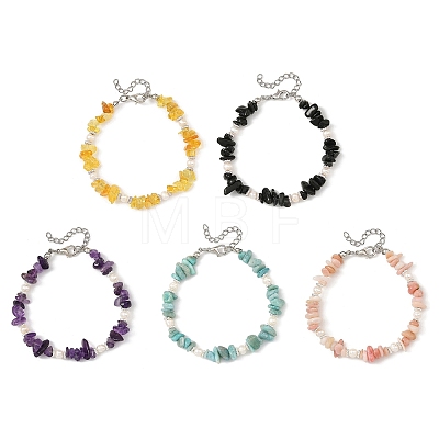 Natural Mixed Stone Chip and Potato Cultured Freshwater Pearl Beaded Bracelets for Women BJEW-JB14280-1