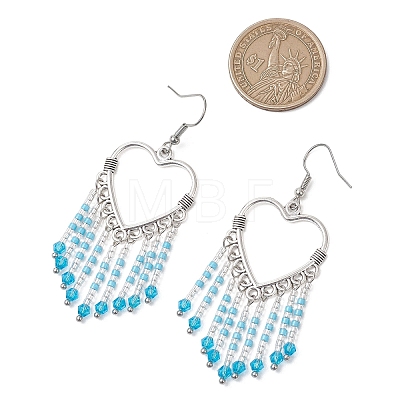 Hollow Heart Alloy & Glass Seed Beads Tassel Chandelier Earrings EJEW-MZ00685-01-1