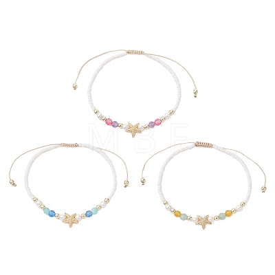 3Pcs Starfish Natural Agate & Amazonite & Shell Pearl Beads Braided Bead Bracelets for Women BJEW-JB12765-1