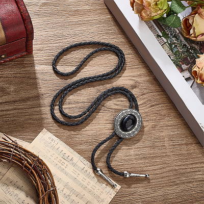 1Pc Alloy & Acrylic Imitation Synthetic Turquoise Oval Pendant Black PU Leather Cord Boho Tie Lariat Necklaces NJEW-GF0001-22-1