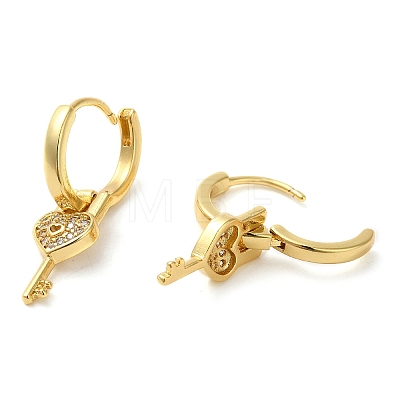 Brass with Cubic Zirconia Heart Key Dangle Hoop Earrings KK-Z033-31G-1